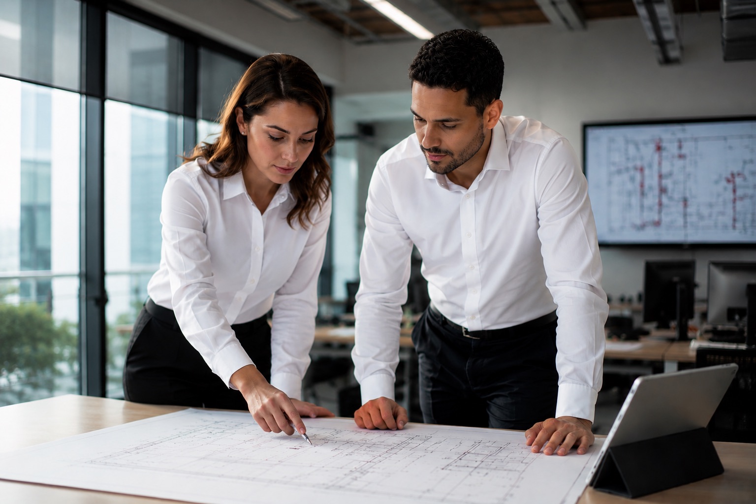 Two professionals in white shirts reviewing architectural blueprints on a table in an office.