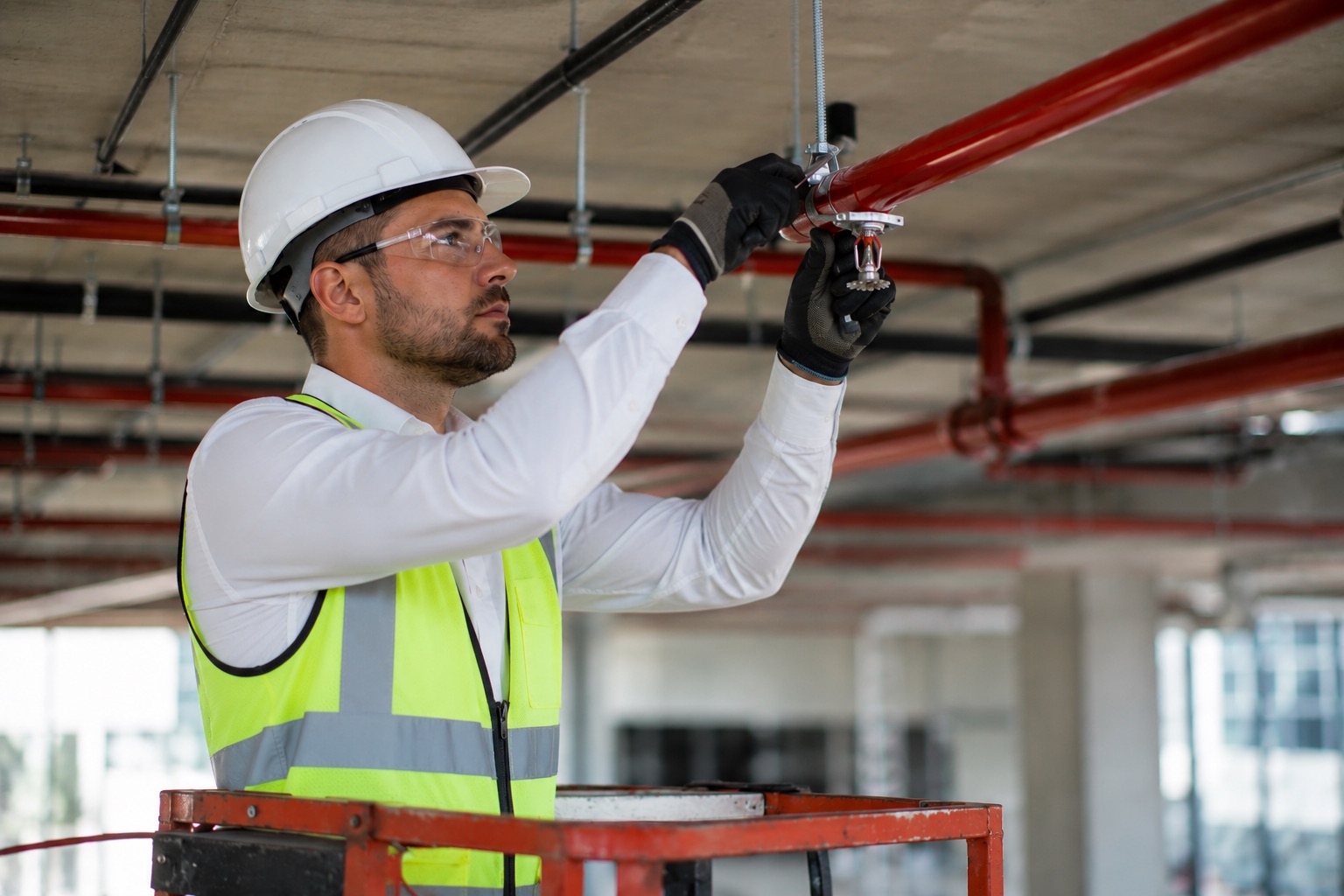 Worker in hard hat and safety vest installing or inspecting a fire sprinkler on a ceiling pipe.