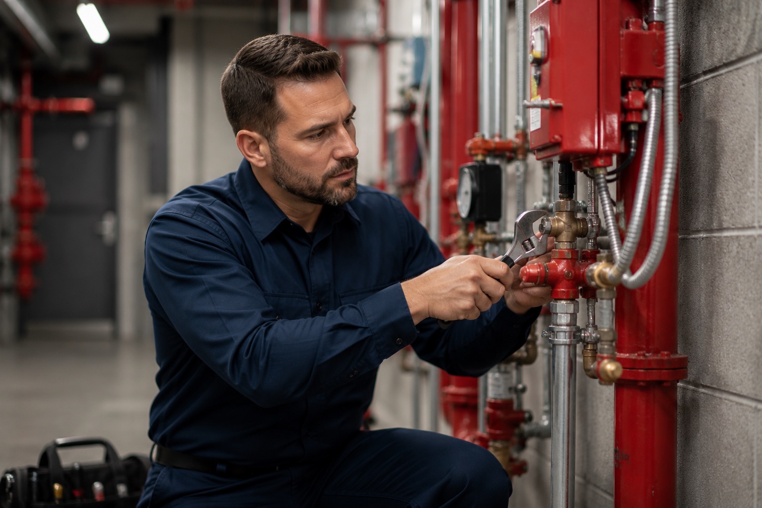 Technician in navy uniform fixing red fire protection pipes with a wrench indoors.