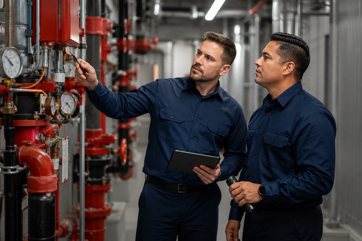 Two men in navy uniforms inspect and discuss gauges and valves on fire protection equipment.
