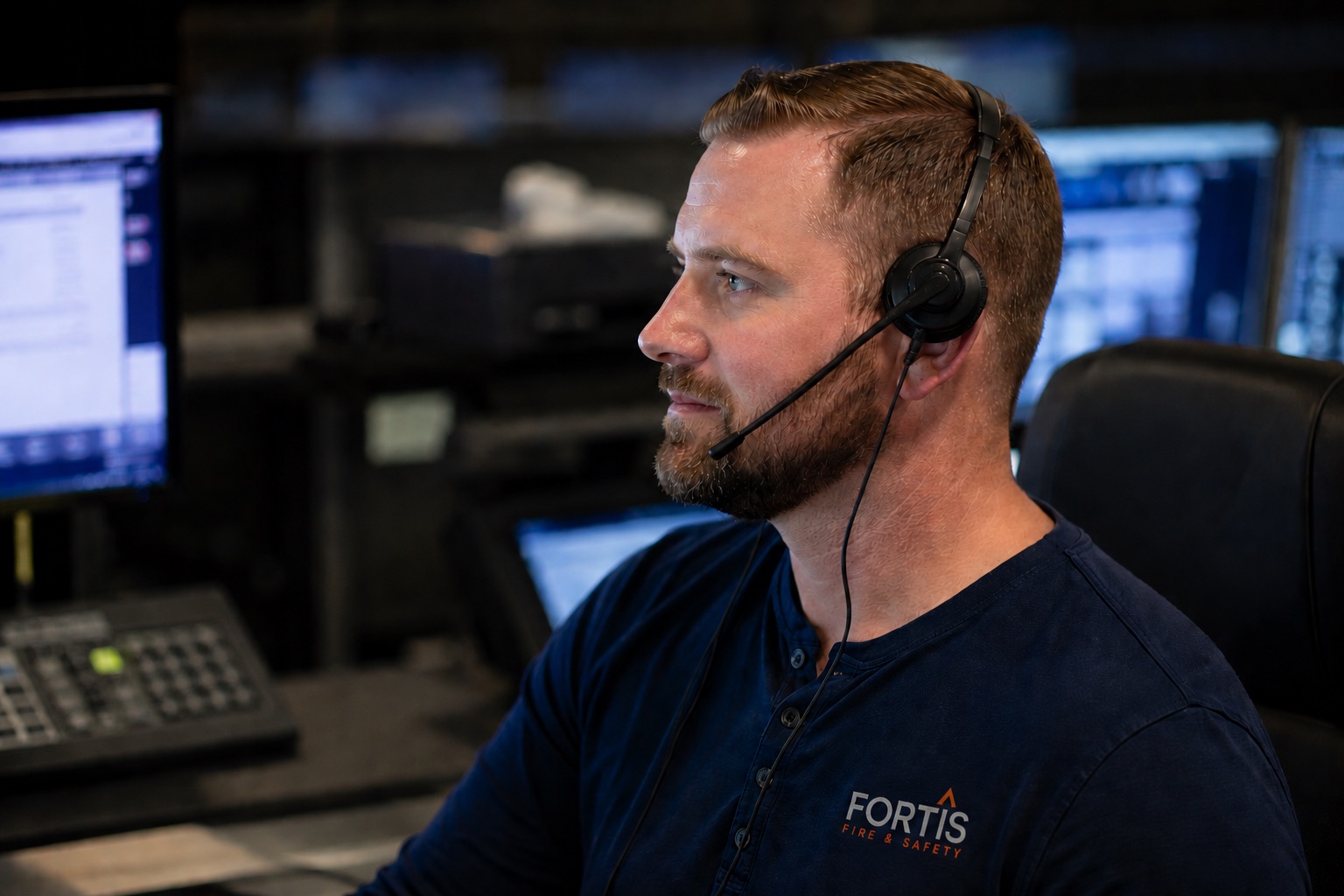 Man wearing a Fortis Fire & Safety shirt and headset at a dispatch workstation with screens.
