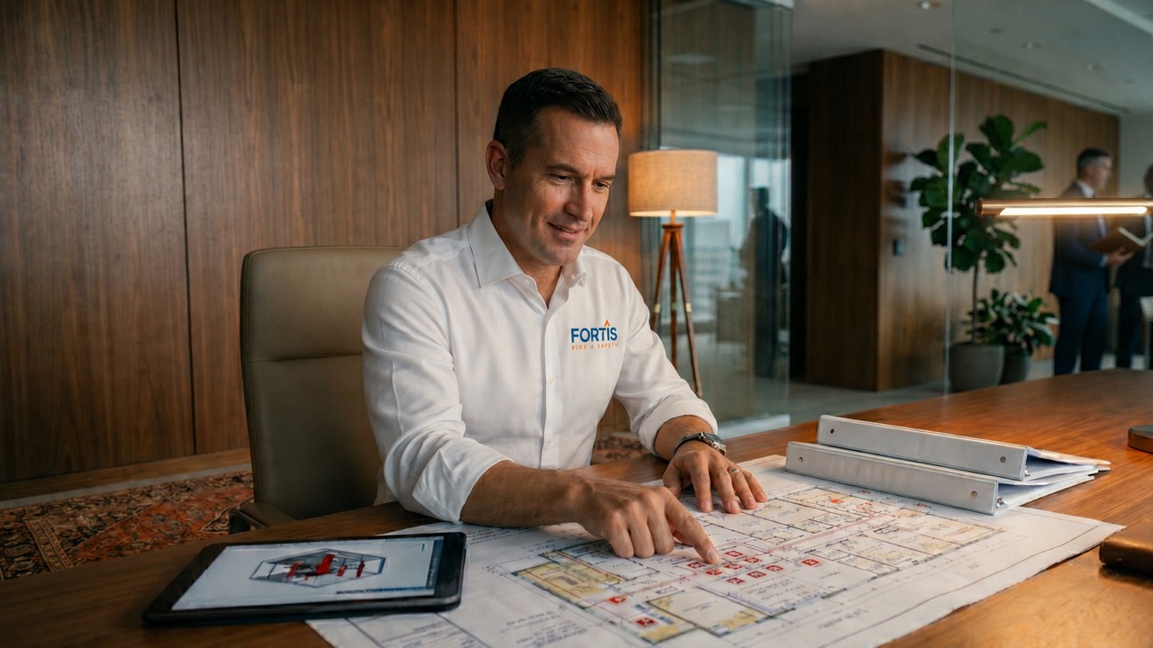 Man in white shirt pointing at a building floor plan on a table with binders and tablet nearby.