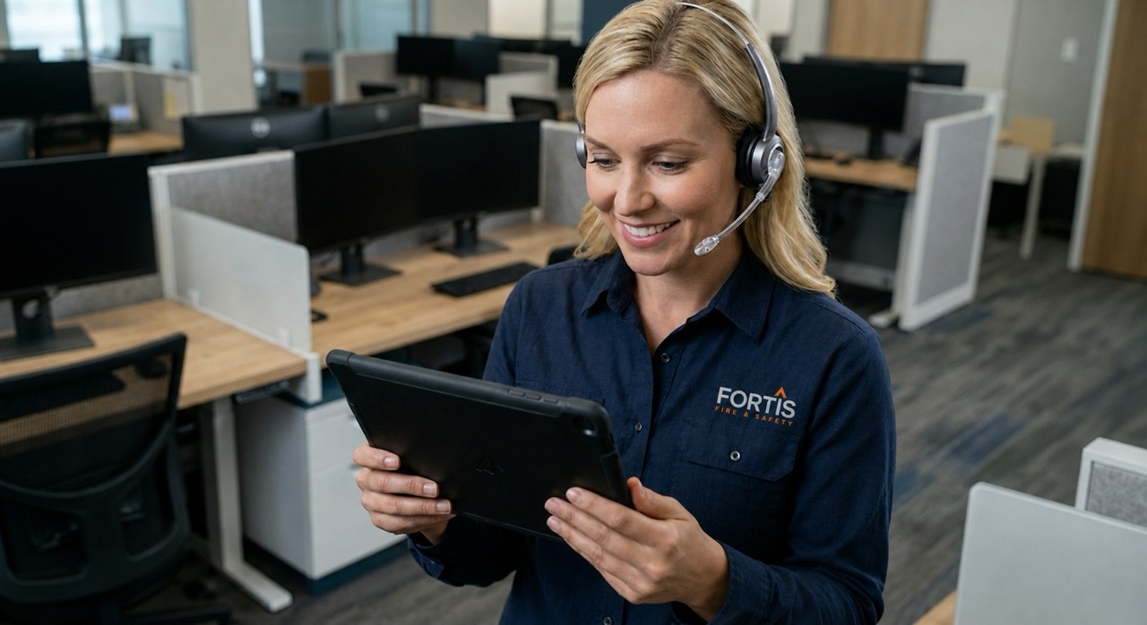 Smiling woman with headset and navy Fortis Fire & Safety shirt holding a tablet in an office.