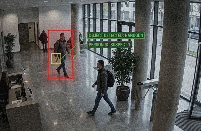 Security camera detects a man holding a handgun labeled as suspect 1 in a building lobby.