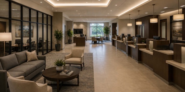 Modern bank interior with a waiting area of sofas and chairs and teller counters with pendant lights.