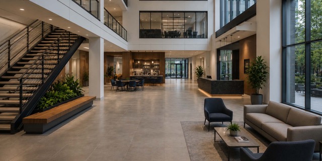 Modern spacious lobby with seating area, large windows, staircase, and indoor plants.