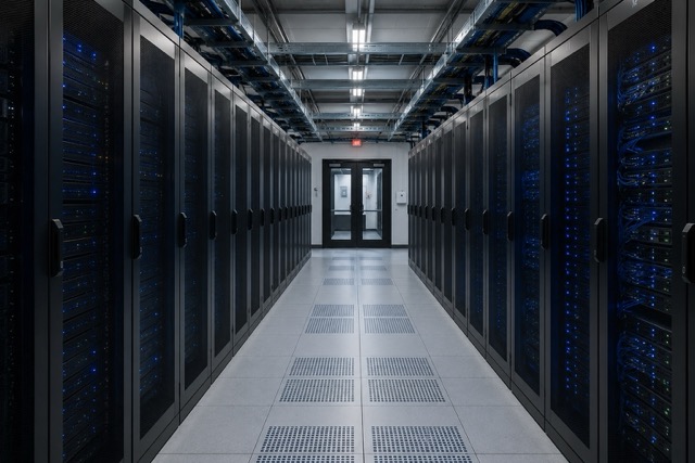 A symmetrical data center aisle lined with server racks with blue indicator lights and a door at the end.