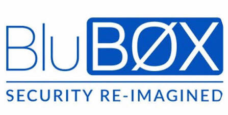 BluBox logo with text Security Re-Imagined in blue and white.