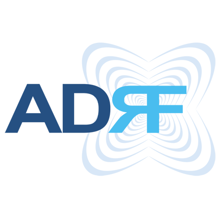 Logo with dark blue shape on left and light blue stylized letters RF on right with light blue background.