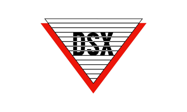 DSX text inside an inverted triangle with black horizontal stripes and a red border.