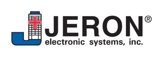 JERON electronic systems, inc. logo with stylized J and red cross graphic.