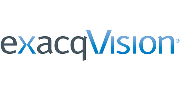 ExacqVision company logo with stylized letters in gradient blue tones.