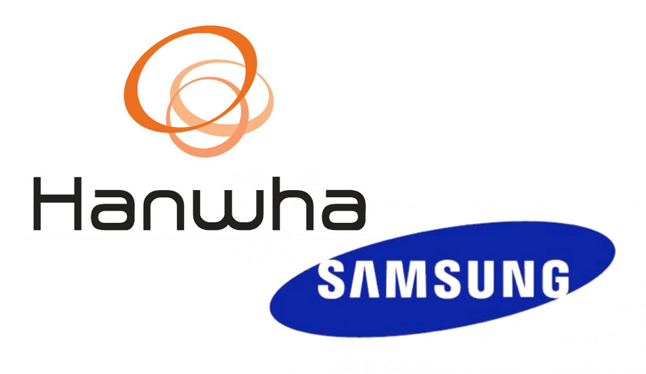 Hanwha logo with three orange overlapping rings above the text and Samsung logo in blue oval.