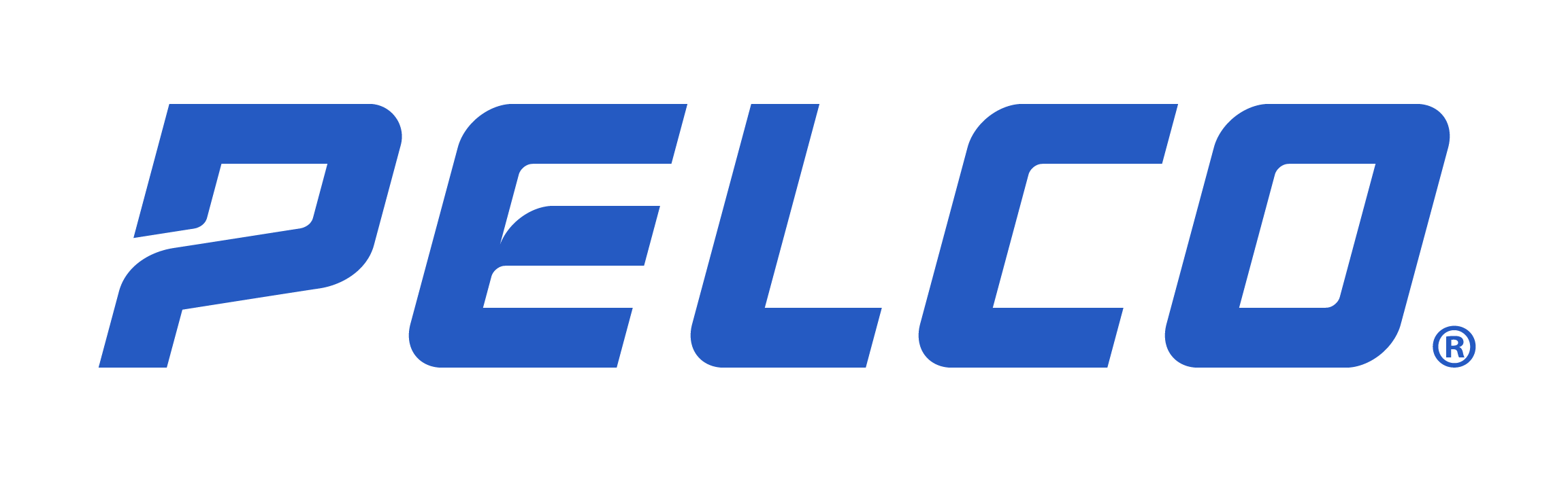 Blue Pelco logo text on a black background with a registered trademark symbol.