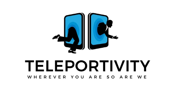 Logo with two blue smartphone icons facing outwards and the text Teleportivity below them.