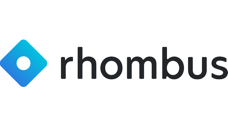 Rhombus logo with a blue gradient diamond shape and black lowercase text.