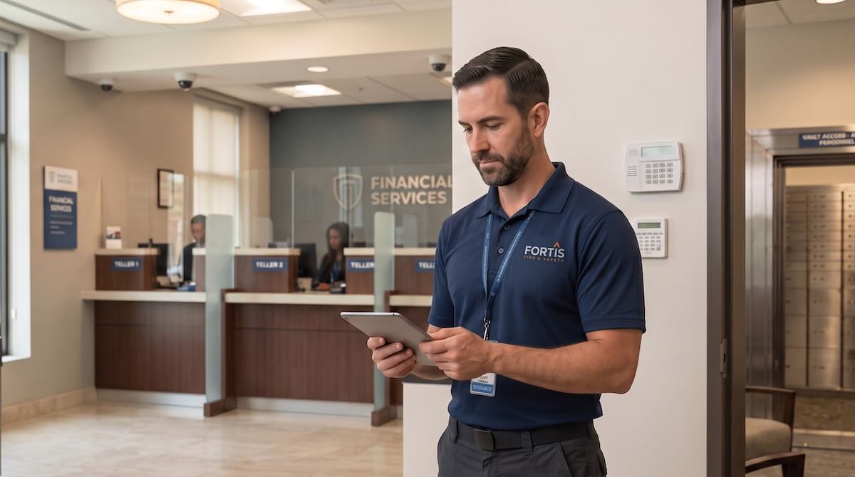 Man in Fortis Fire & Safety shirt using a tablet inside a financial services office with tellers.