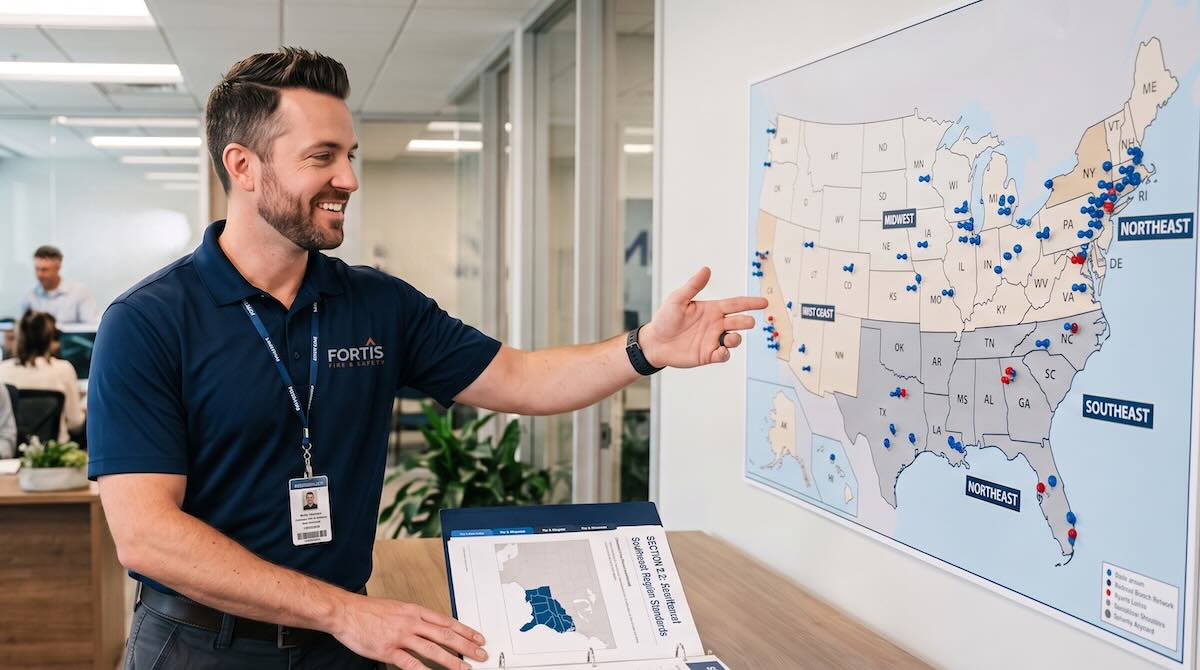 Man in Fortis Fire & Safety shirt pointing at a US map with colored pins in an office.