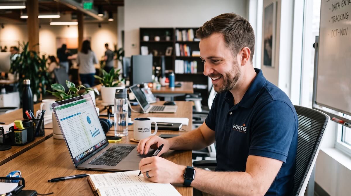 Man in navy shirt working at desk with laptop showing charts and writing in a notebook in office.