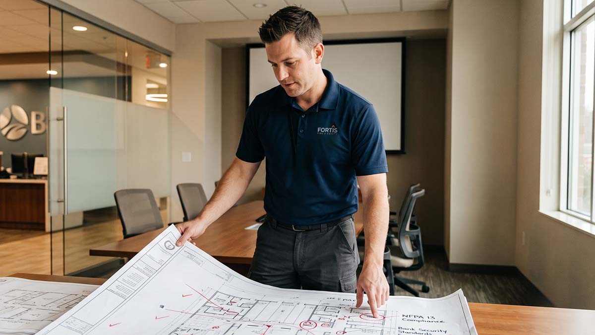Man in navy blue Fortis shirt reviewing large architectural or technical plans on table in office.