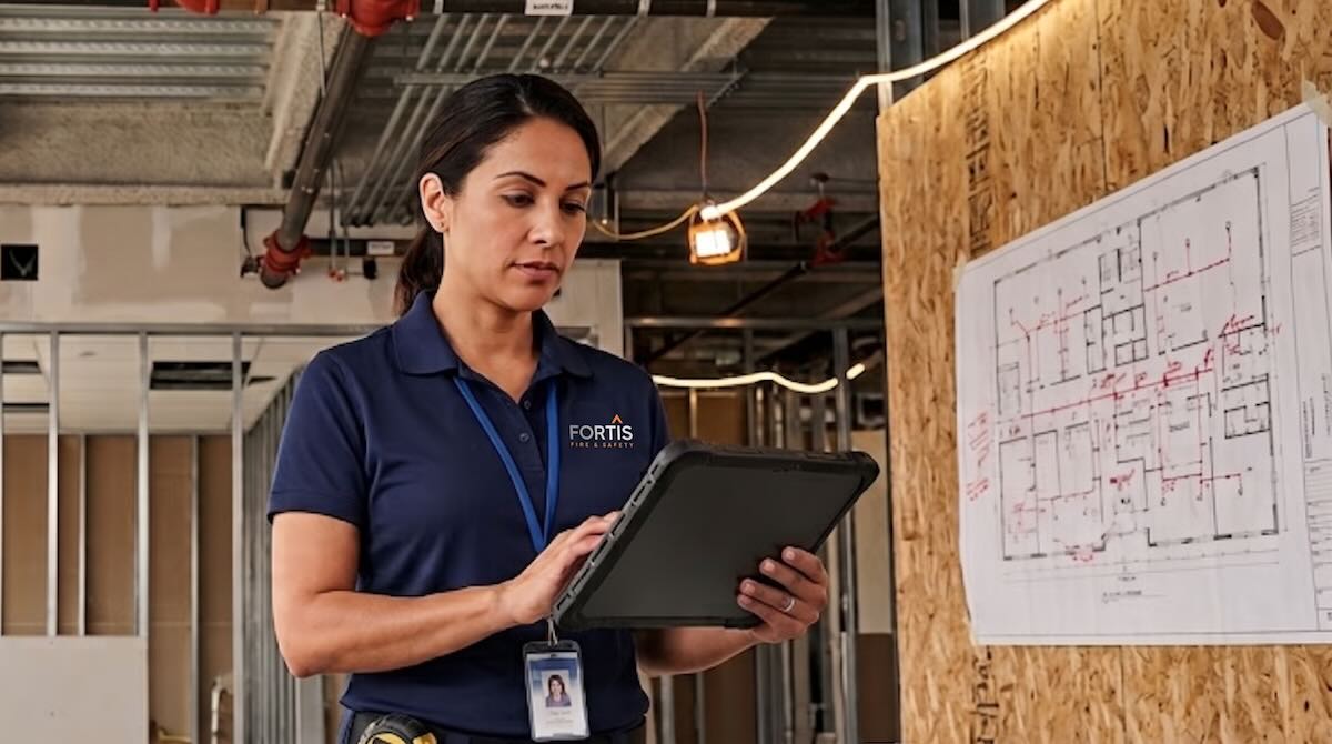 Woman in Fortis Fire & Safety shirt using a tablet at a construction site with building plans on a wall.