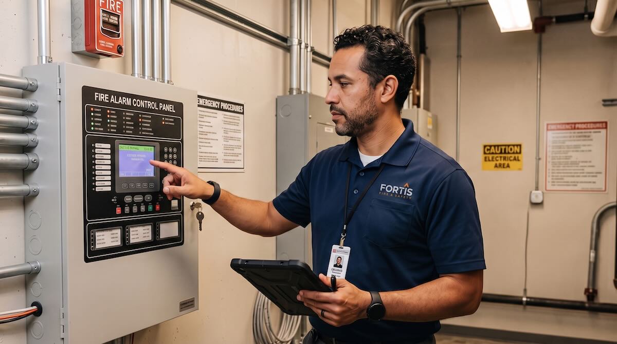 Man in navy shirt inspecting fire alarm control panel holding a tablet in a utility room.