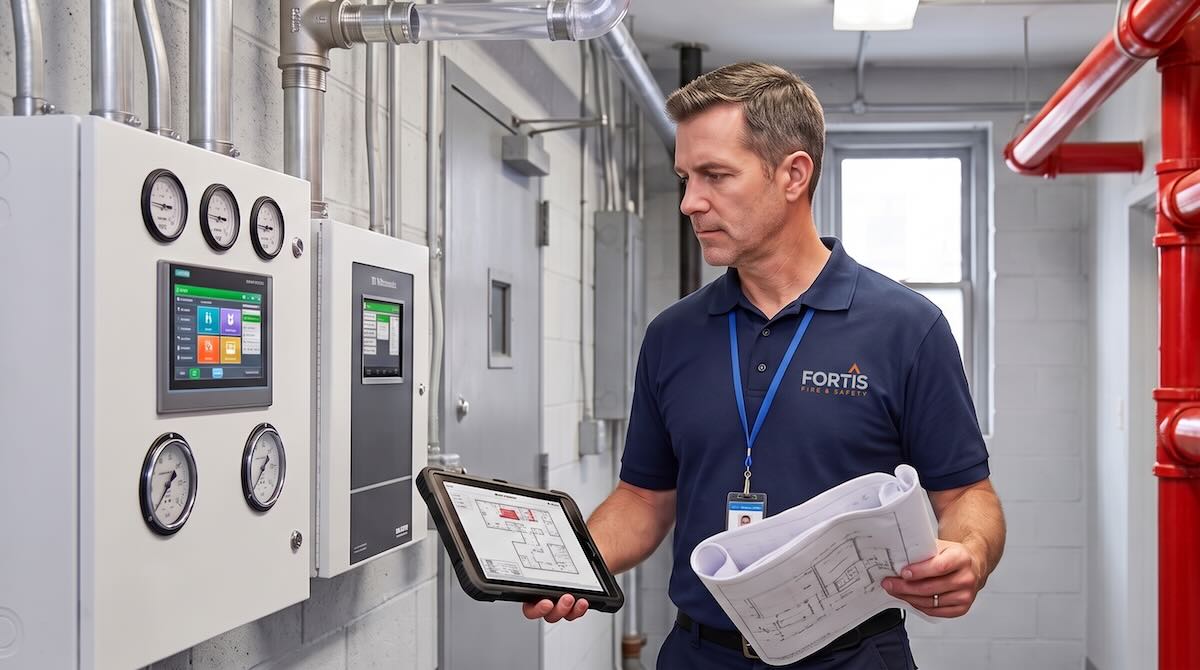 Technician in Fortis shirt holding floor plans and a tablet while inspecting control panel gauges.