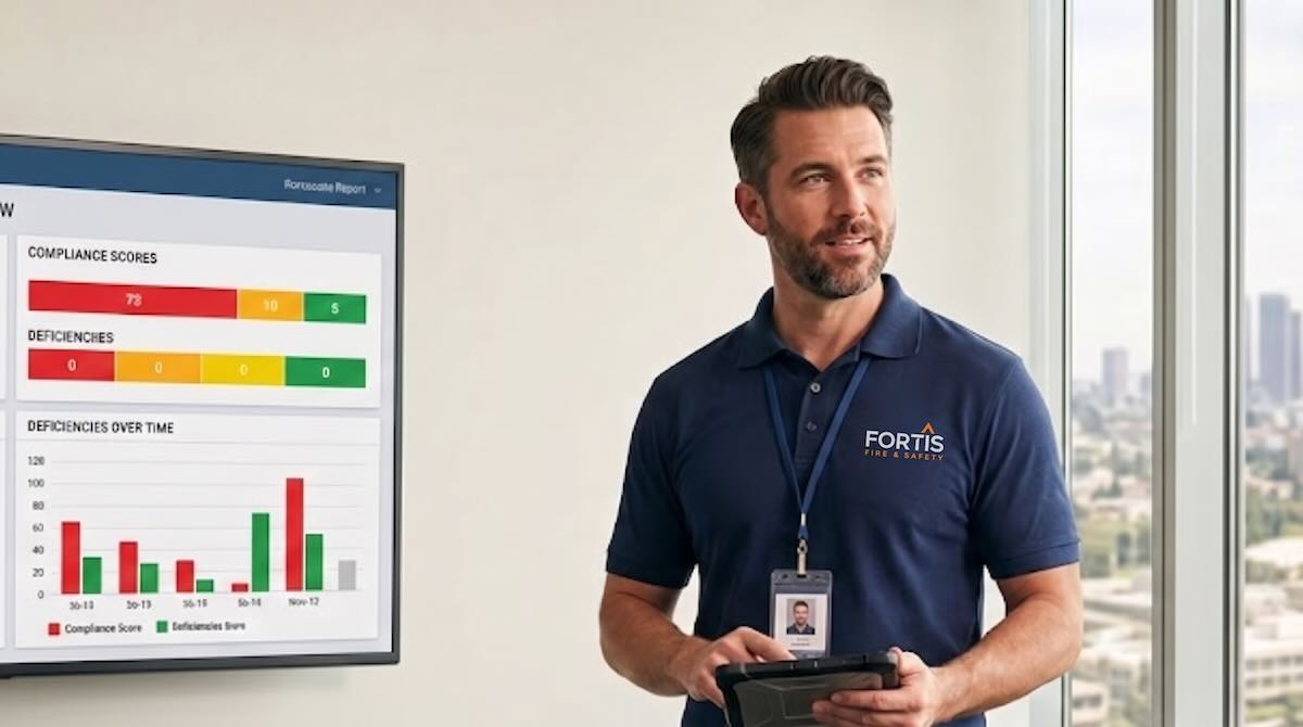 Man in Fortis Fire & Safety shirt holding tablet beside screen showing compliance scores and deficiencies chart.