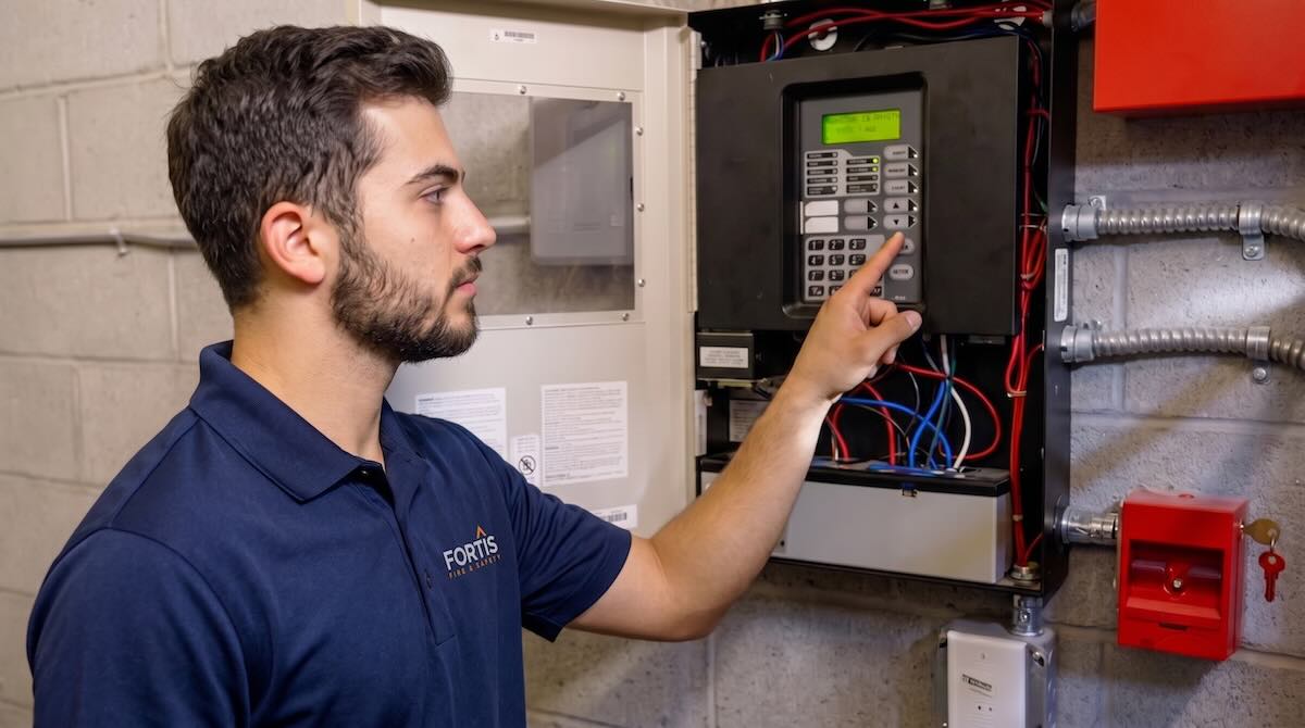 Man operating a fire alarm control panel inside a building utility room.