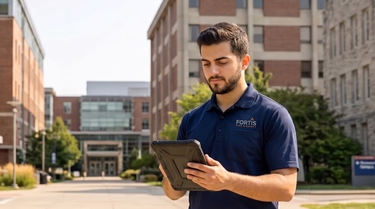 Man in Fortis Fire & Safety shirt using a tablet outside between campus buildings on a sunny day.