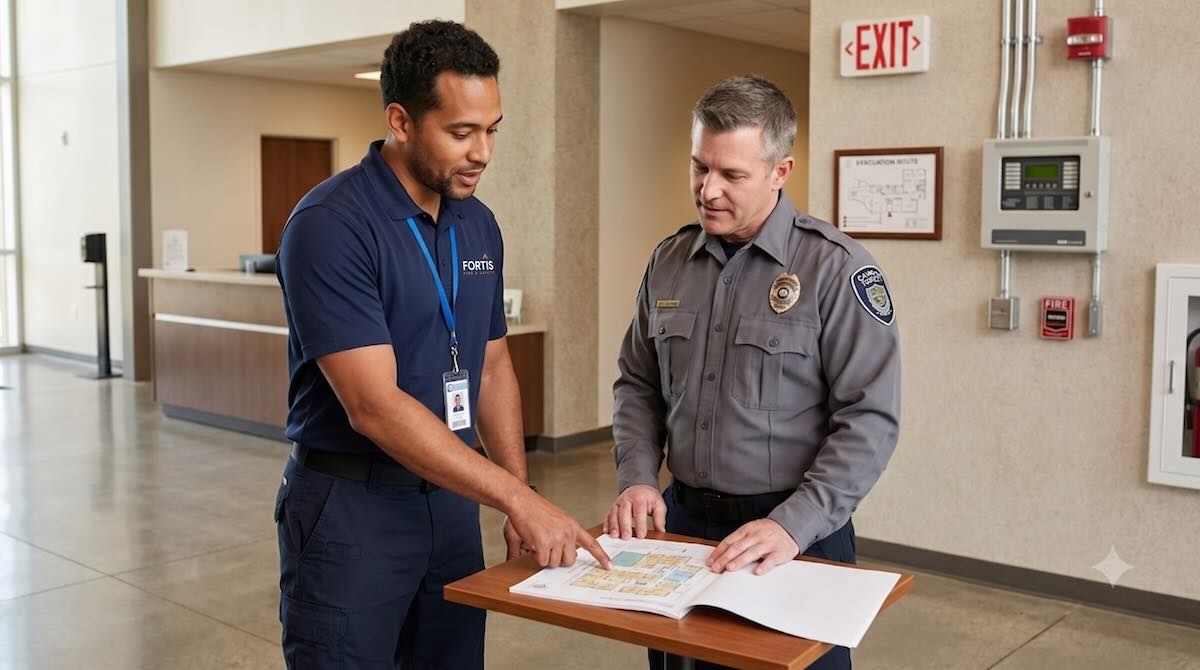 A security officer and a man in a Fortis polo discuss an emergency evacuation plan on a table.