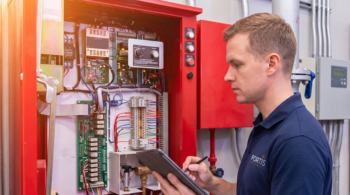 Technician in navy shirt inspecting and taking notes on an open red electrical control panel.