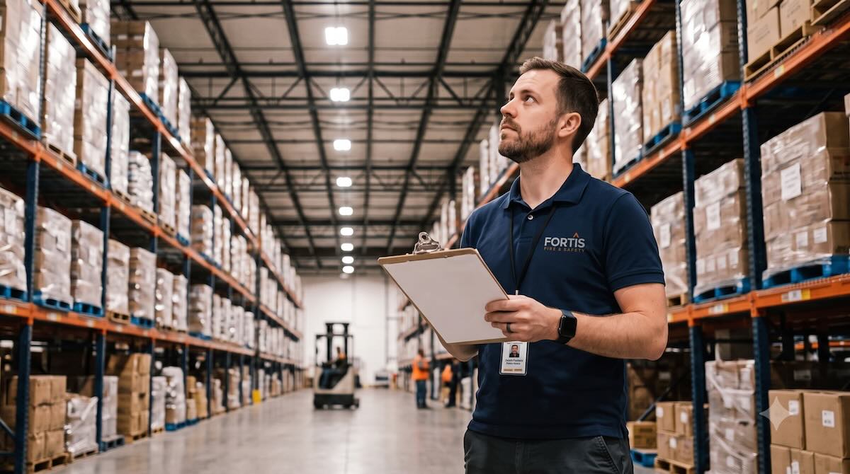 Man with clipboard inspecting tall shelves filled with boxes in large organized warehouse.