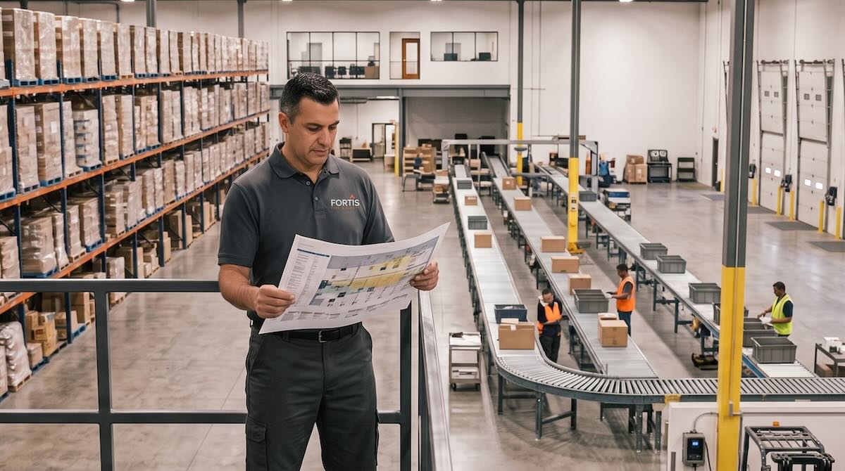 Warehouse manager in a Fortis shirt reviews plans while workers sort boxes on conveyor belts below.
