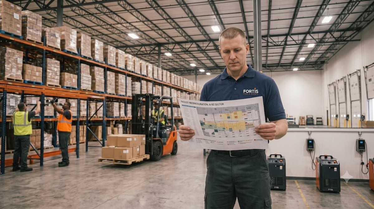 Man reading a warehouse floor plan while workers organize boxes and forklift moves pallets.