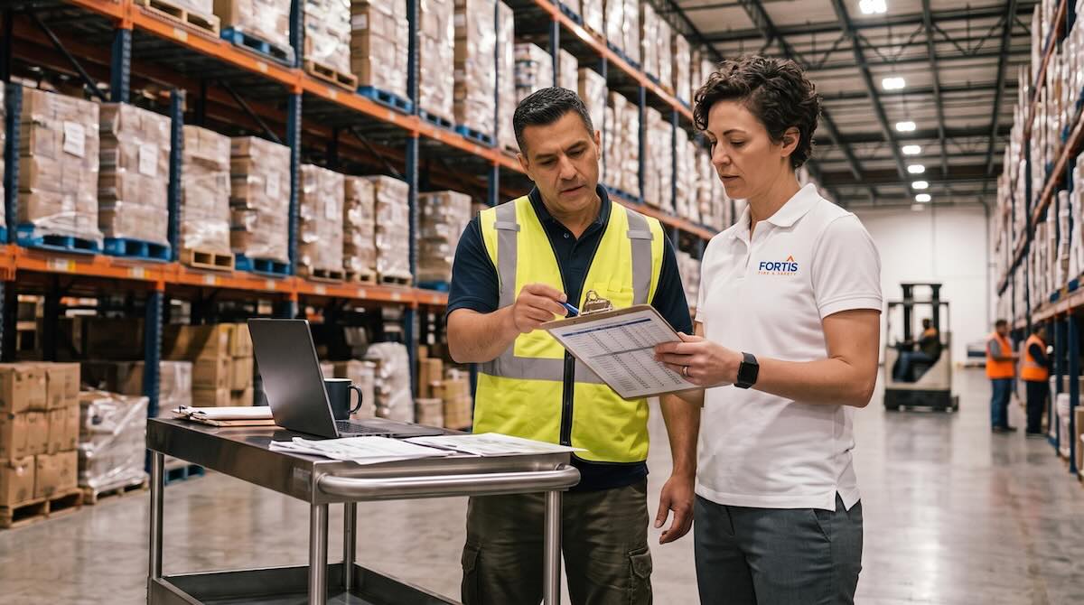 Two warehouse workers reviewing documents near a laptop among tall shelves stacked with pallets.