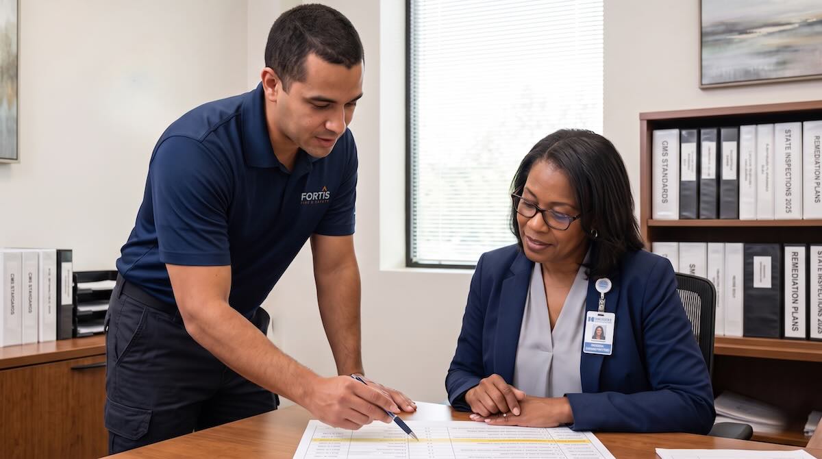 Man in blue Fortis shirt pointing to document while woman in glasses looks on in office.