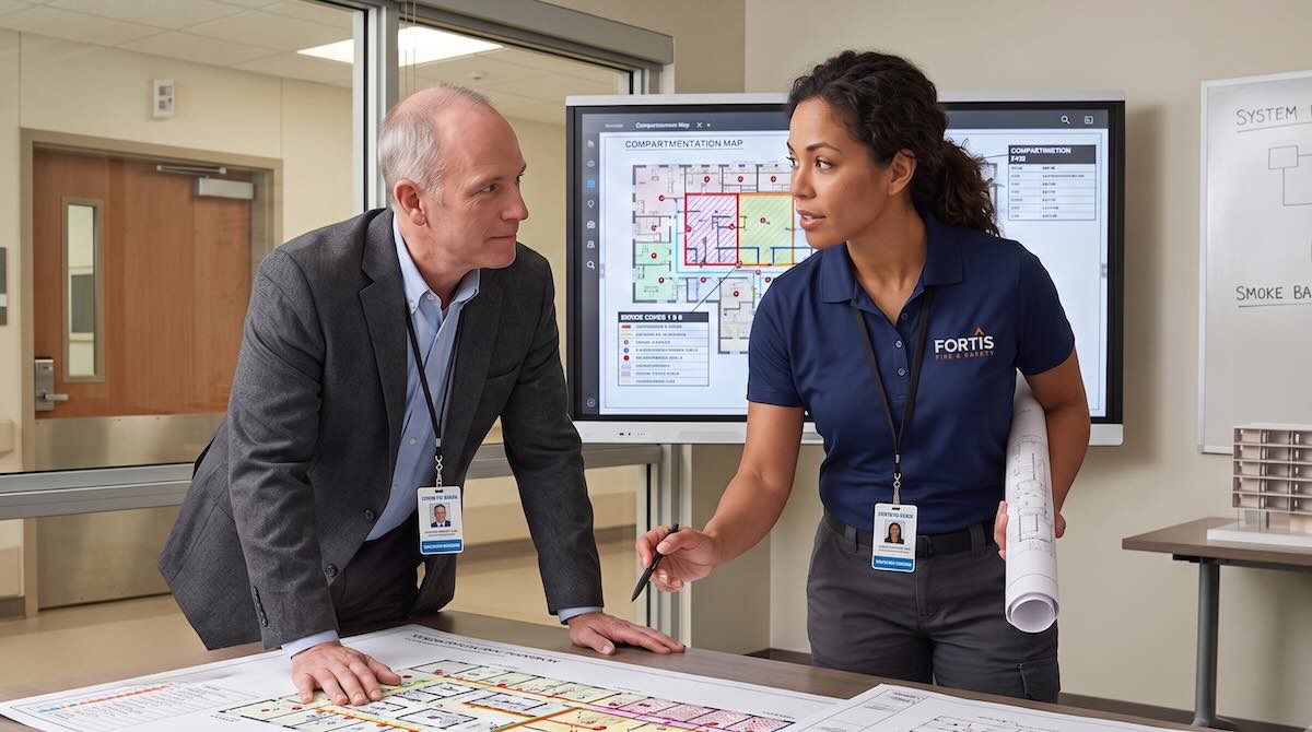 Two professionals discussing building plans with a floor map on table and screen behind them.