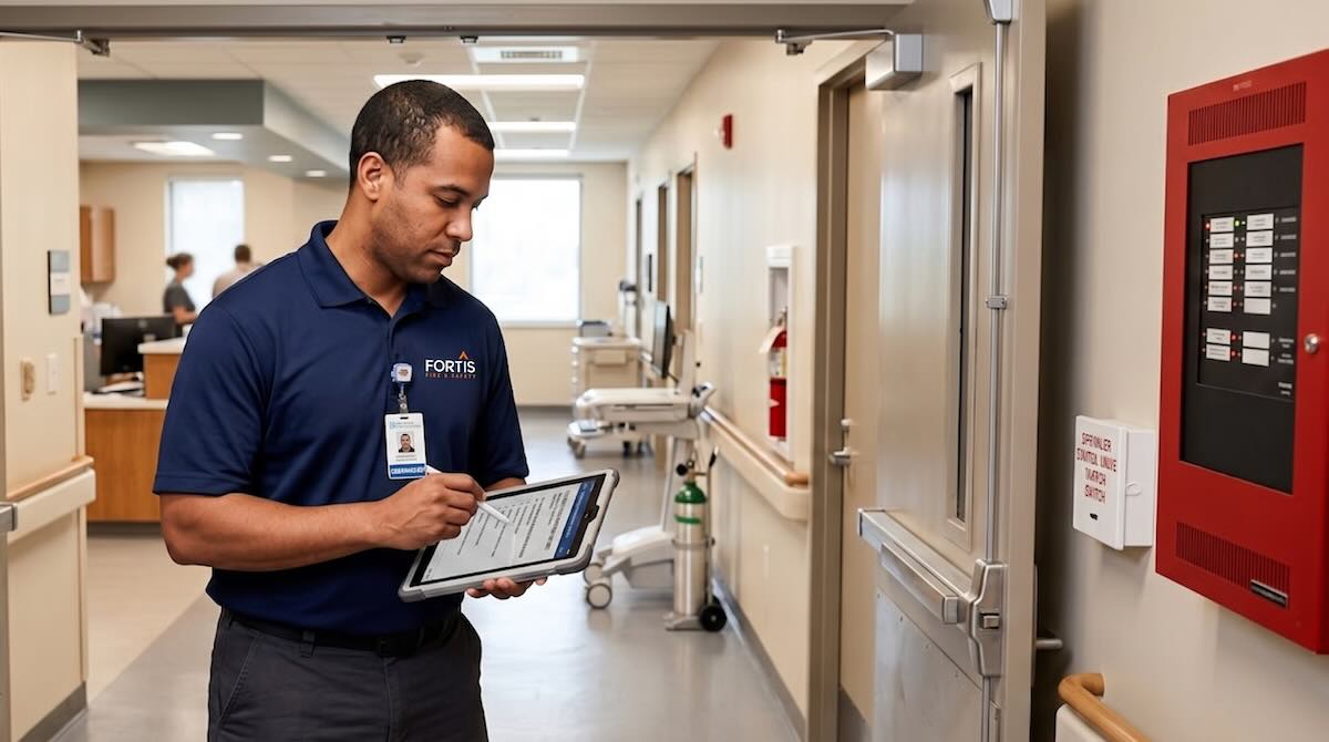 Man in Fortis Fire Safety shirt uses tablet to check life safety compliance in hospital corridor.