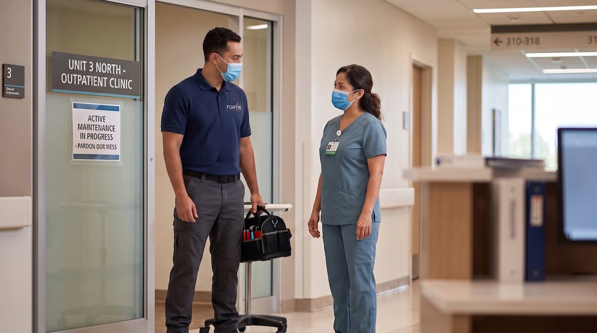 Maintenance worker and nurse wearing masks talking in hospital corridor near outpatient clinic.