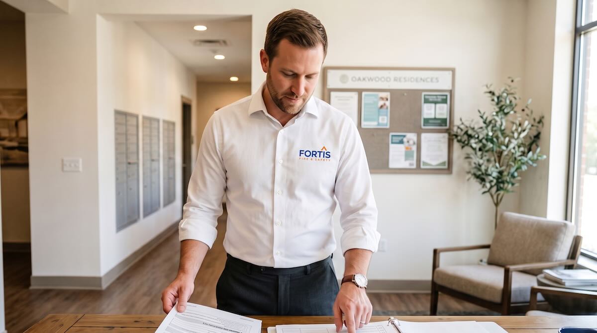 Man in Fortis Fire & Safety shirt reviewing documents on a table in a residential lobby.