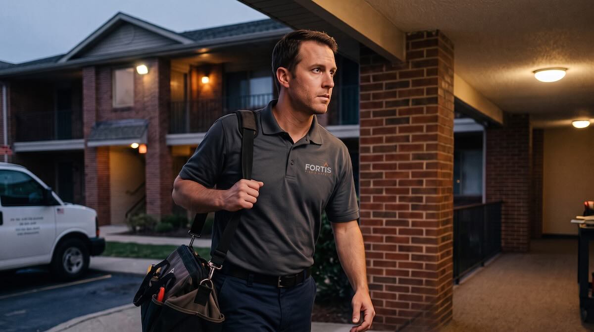 Man in a Fortis shirt carrying a tool bag walking outside a brick apartment building at dusk.