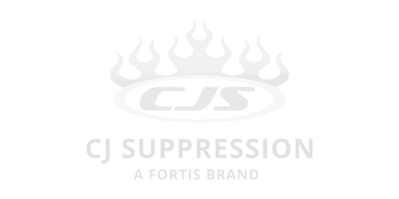 CJ Suppression logo with stylized flames above oval containing 'CJS' text, tagged as a Fortis brand.