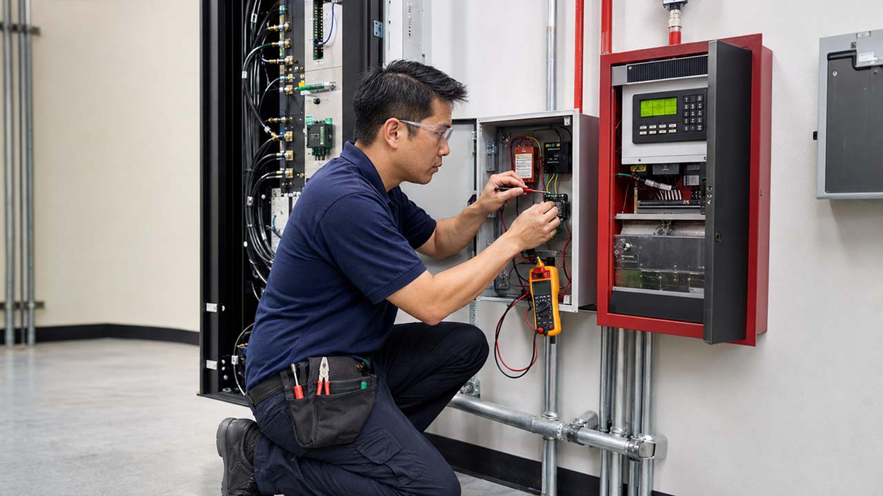 Technician in safety glasses installing and testing electrical alarm panel wiring using a multimeter.