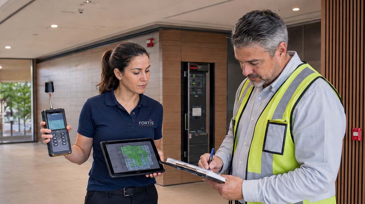 Woman holding device and tablet shows data to man in safety vest writing on clipboard indoors.