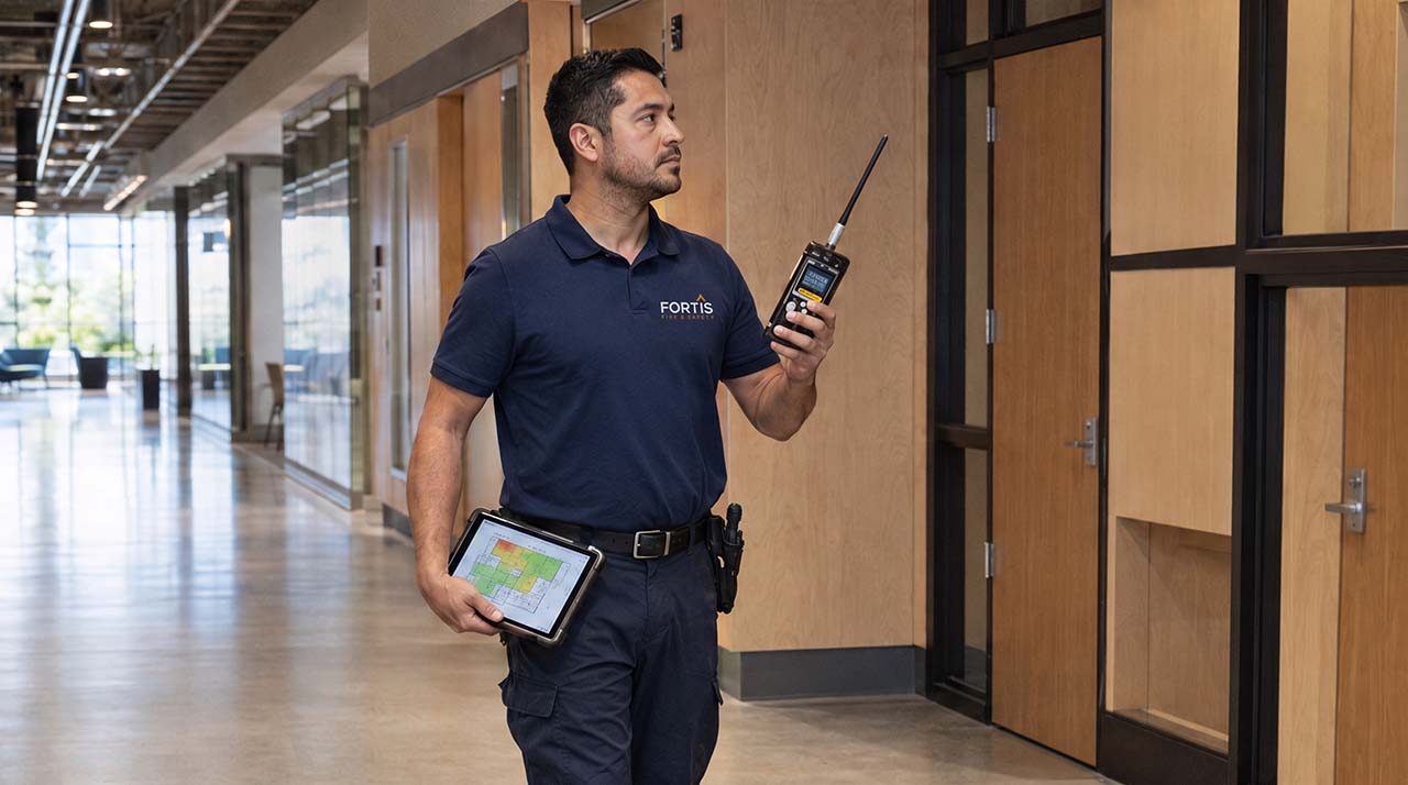 Worker in navy Fortis shirt holding a radio and a tablet showing a colorful building floor plan.