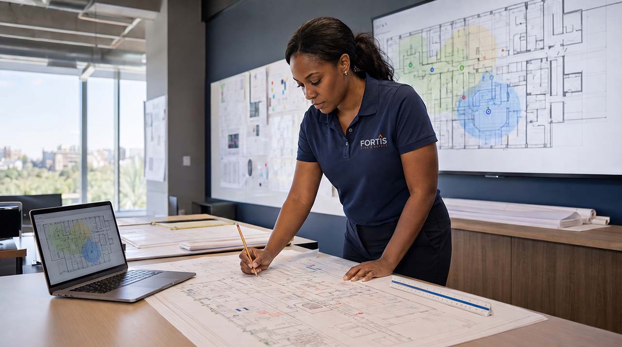 Woman in Fortis Fire & Safety shirt working on architectural blueprints at a desk with laptop and floor plans.
