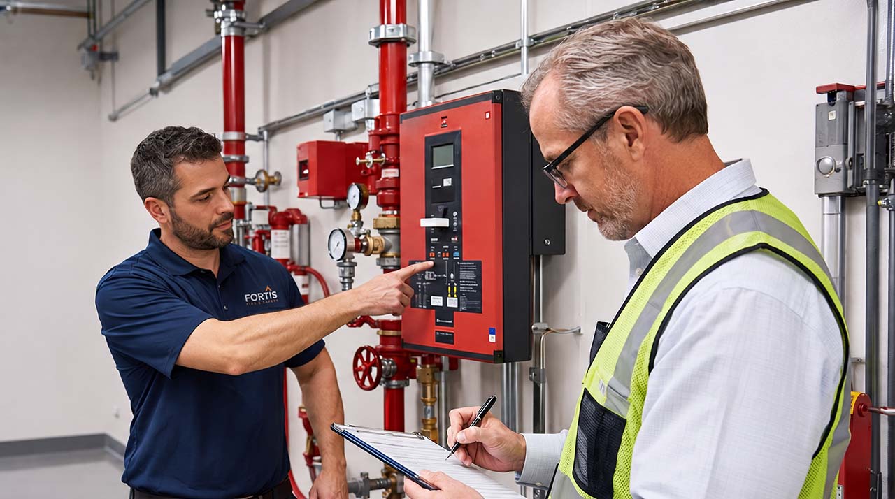Two men inspecting a fire control panel; one points at the panel while the other writes on a clipboard.