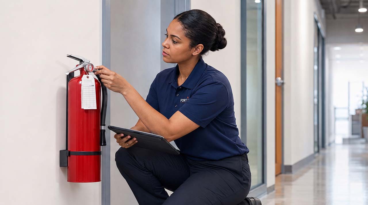 Woman in blue uniform inspecting a red fire extinguisher mounted on a wall while holding a tablet.