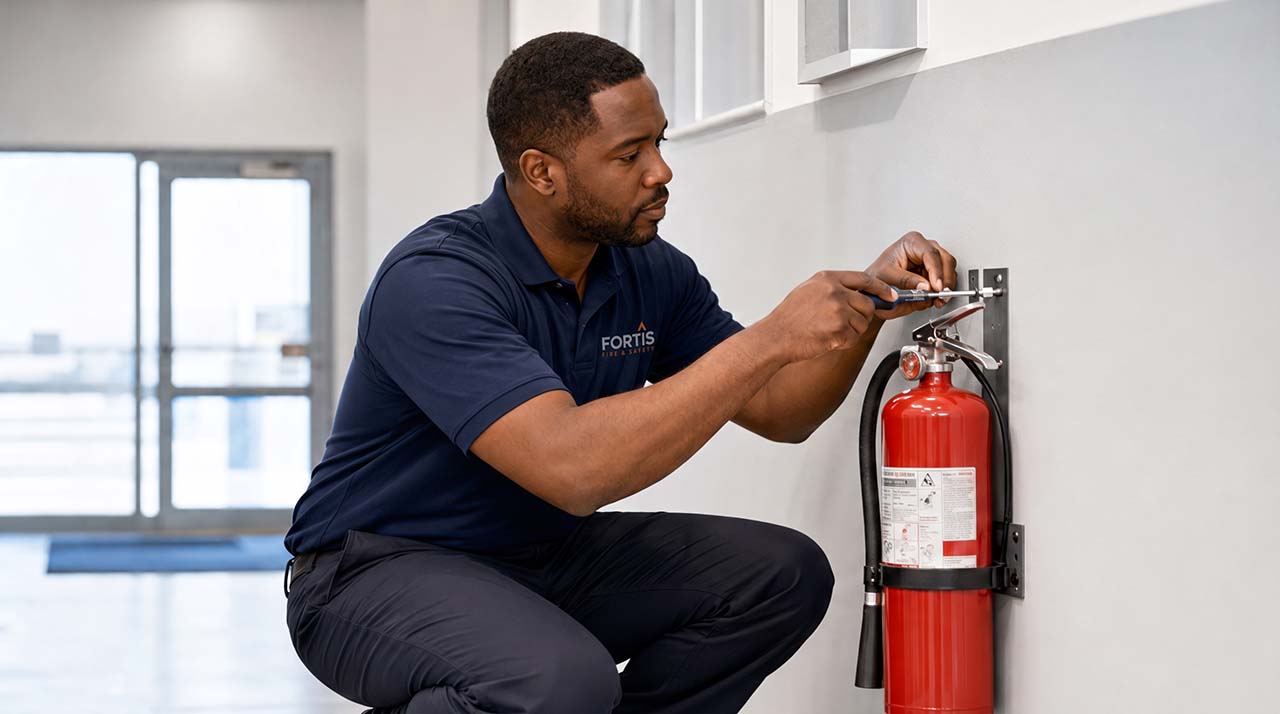 Man in a navy Fortis shirt installing or inspecting a red fire extinguisher mounted on a white wall.